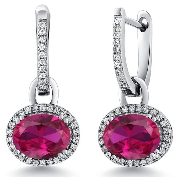 925 Sterling Silver with 4.84 Cttw Ruby Oval Dangling French Lock Earrings - Picture 1 of 5